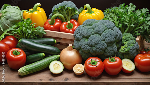 Harvested vegetables from the farm are displayed on a wooden table in a rustic setting