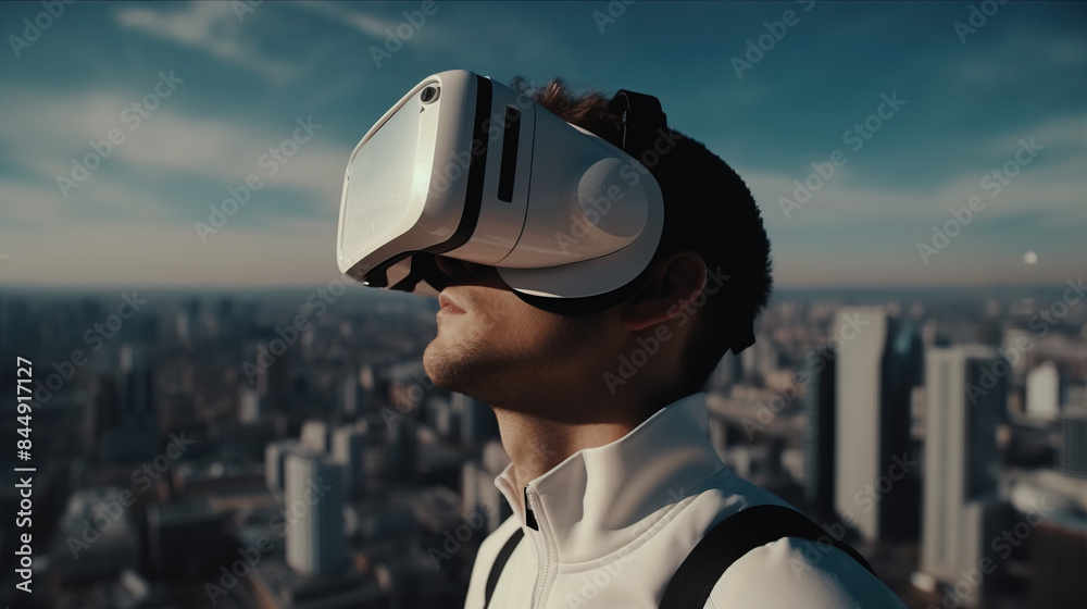 Young man in virtual reality headset VR glasses levitates against backdrop of city. AI generated. Young man in virtual reality headset VR glasses levitates against backdrop of city. AI generated.