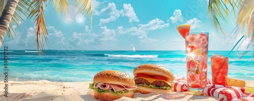 Beach picnic with sandwiches and cold drinks