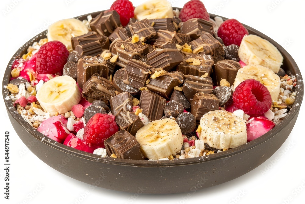 Fototapeta premium Nutritious breakfast bowl with granola, banana slices, raspberries, and chocolate pieces, in a modern kitchen setting with natural light and vibrant colors