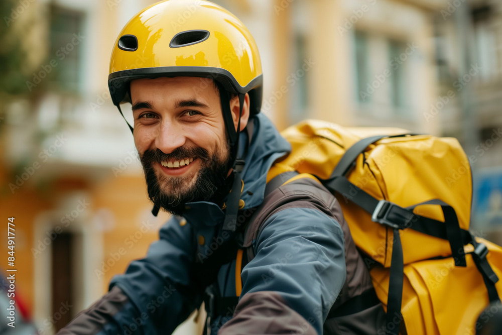 Food delivery. Rider carrying yellow box during the day in the city. Generative AI. Food delivery. Rider carrying yellow box during the day in the city. Generative AI.