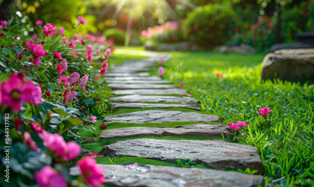 Blooming garden with a stone pathway Blooming garden with a stone pathway