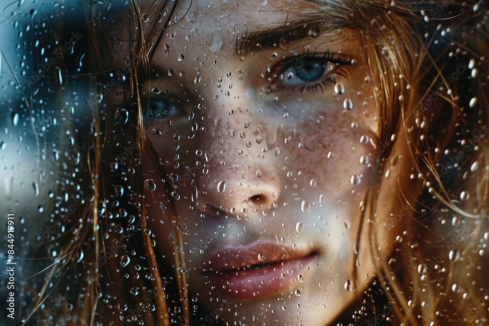 The enigmatic woman gazing through raindrops on a contemplative close-up portrait. Her mysterious face obscured by water streaks. Reflecting a pensive and thoughtful mood