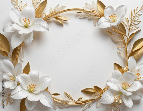 Chic winter-themed floral frame with luxurious gold accents on clean white background