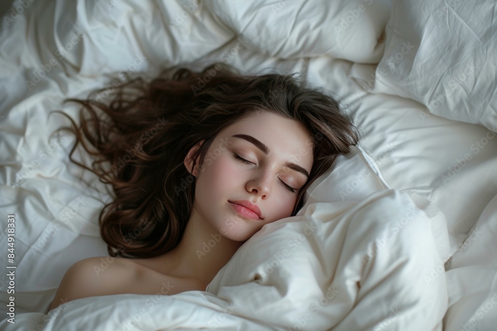 Tranquil image of a young woman sleeping soundly in a cozy white bed with soft lighting Tranquil image of a young woman sleeping soundly in a cozy white bed with soft lighting