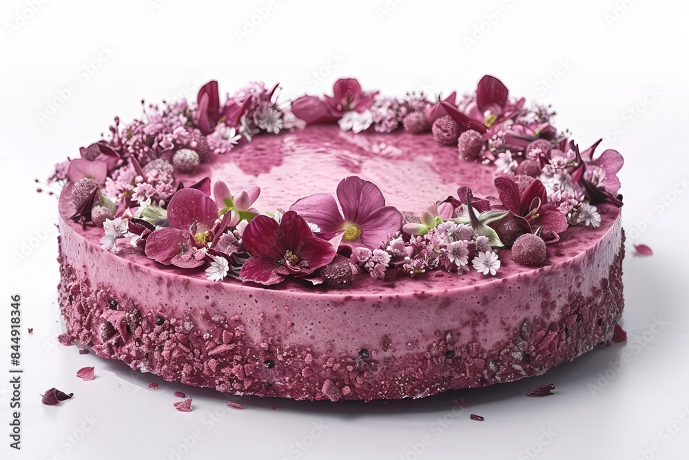 Purple themed cake topped with lavender flowers and decorative elements, set against a white background, showcasing a unique and artistic dessert Purple themed cake topped with lavender flowers and decorative elements, set against a white background, showcasing a unique and artistic dessert