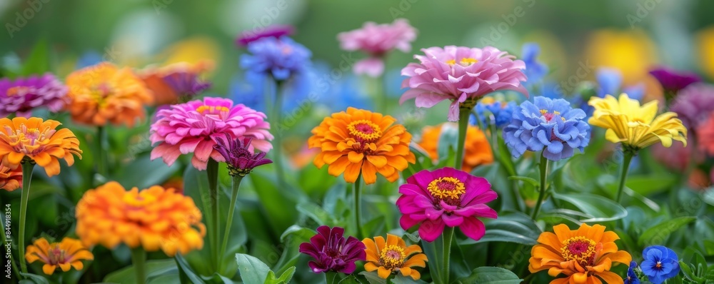 Blooming garden with zinnias and pansies Blooming garden with zinnias and pansies