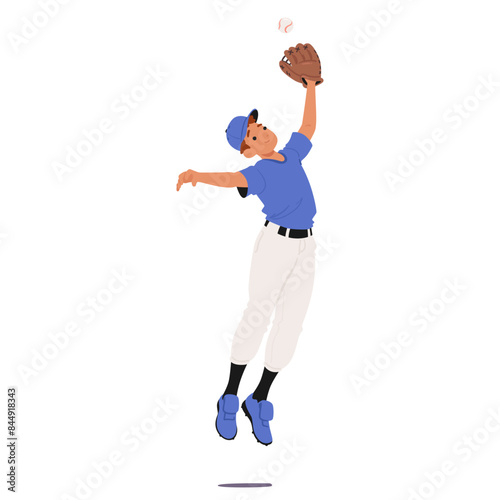 Young Fielder Baseball Player Character In Blue Uniform Jumping To Catch A Ball With A Glove Cartoon Vector Illustration