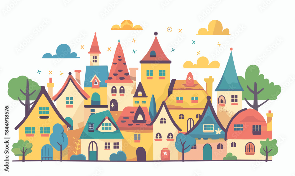 Colorful European medieval fantasy village cartoon. Quaint town houses, whimsical architecture, trees, sunny sky. Ideal childrens storybook, game design, fairytale backgrounds Colorful European medieval fantasy village cartoon. Quaint town houses, whimsical architecture, trees, sunny sky. Ideal childrens storybook, game design, fairytale backgrounds