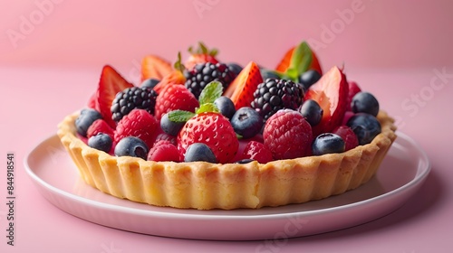 a visually stunning portrait shot of a colorful fruit tart against a soft pastel backdrop 