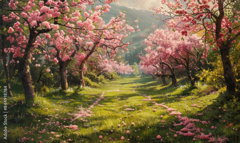 Naklejka premium Blossoming garden in full bloom