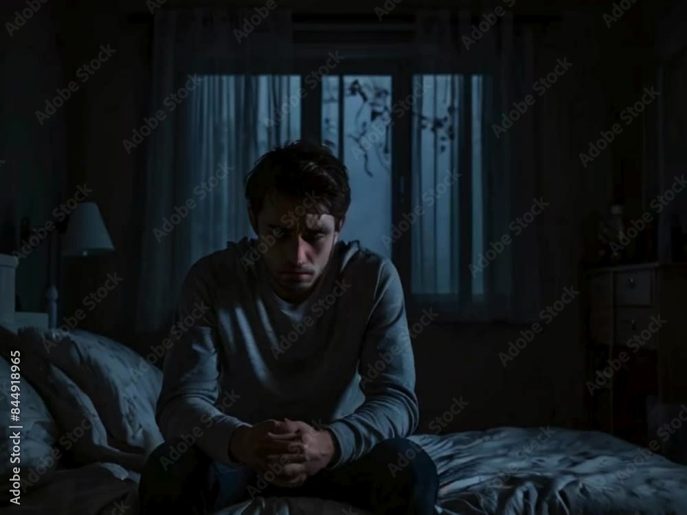 Man Sitting on Bed in Dark Room, Looking Sad