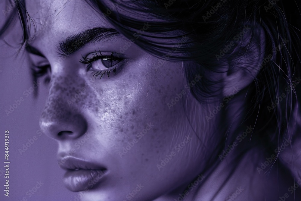 Close-up of a young woman's face with a contemplative look, in purple monochrome Close-up of a young woman's face with a contemplative look, in purple monochrome