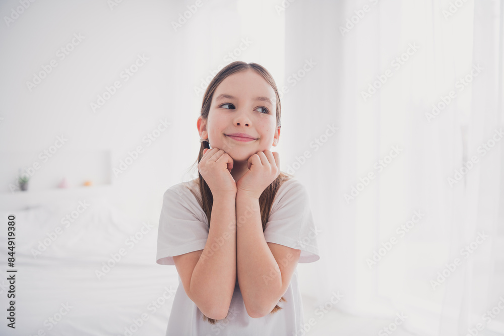 Portrait of cute adorable pretty girl cozy flat white light room interior indoors Portrait of cute adorable pretty girl cozy flat white light room interior indoors