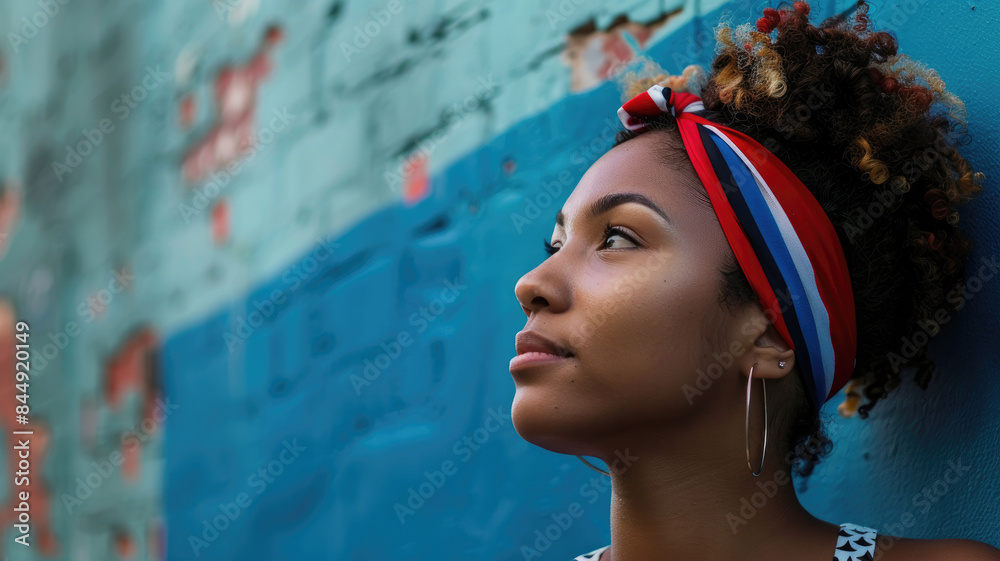 Young woman with curly hair and headband, looking up thoughtfully against colorful wall Young woman with curly hair and headband, looking up thoughtfully against colorful wall