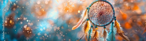 Bohemian dreamcatcher hanging in the wind, intricate feathers, pastel colors, fantasy, watercolor