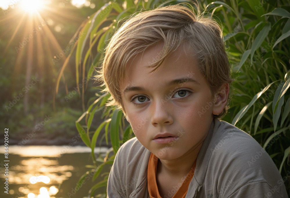 A young adventurer exploring the untamed beauty of a remote island wilderness A young adventurer exploring the untamed beauty of a remote island wilderness