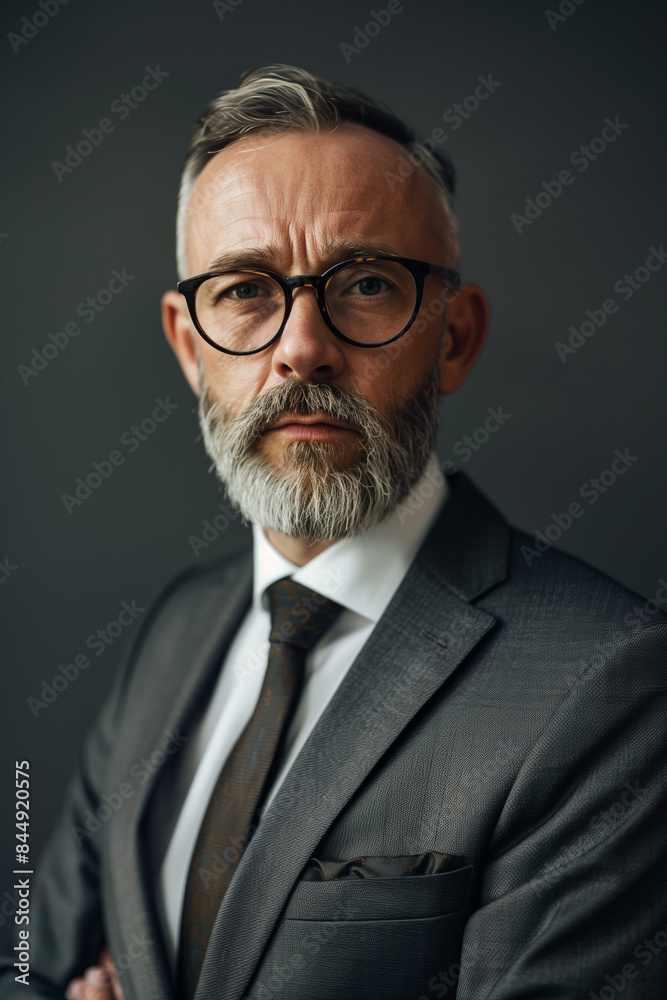 A middle-aged man with a neatly trimmed beard and glasses in a sharp suit