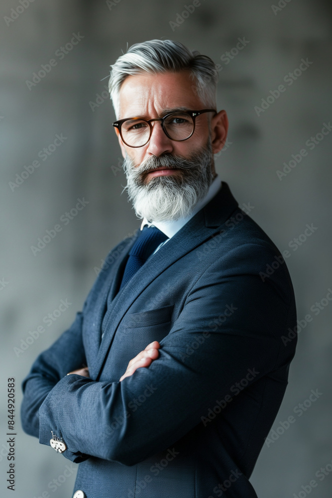 Fototapeta premium A middle-aged man with a neatly trimmed beard and glasses in a sharp suit