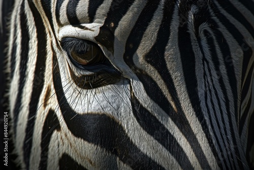 Close-up image capturing the texture and pattern of a zebra's fur around its eye