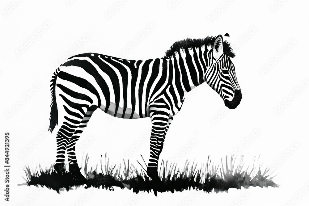 Artistic black and white watercolor painting of a solitary zebra on a plain white background Artistic black and white watercolor painting of a solitary zebra on a plain white background
