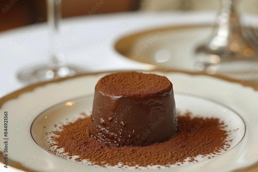 Chocolate panna cotta dusted with cocoa powder, set on a white plate, capturing a rich and elegant dessert Chocolate panna cotta dusted with cocoa powder, set on a white plate, capturing a rich and elegant dessert