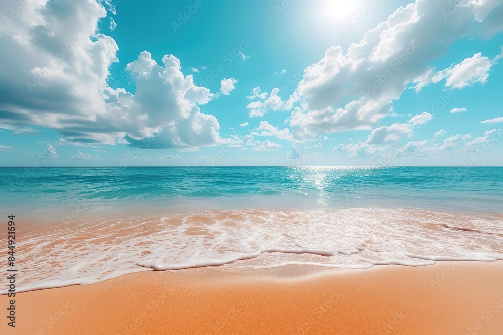 Abstract blur defocused background. Tropical summer beach with golden sand, turquoise ocean and blue sky with white clouds on bright sunny day. Colorful landscape for summer holidays