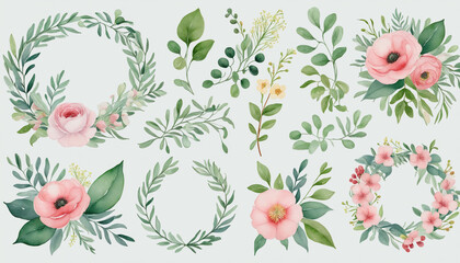 Watercolor eucalyptus chaplet collection - hand-drawn botanical elements in a green and gold palette