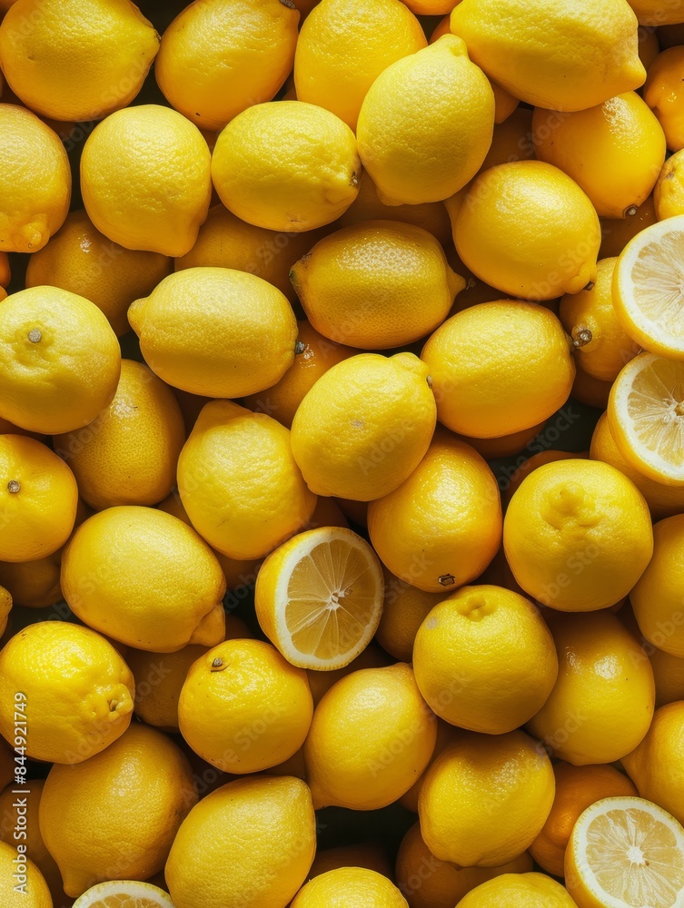 Fresh Lemons with One Sliced Open, Vibrant Yellow Citrus Fruit
Fresh Lemons with One Sliced Open, Vibrant Yellow Citrus Fruit