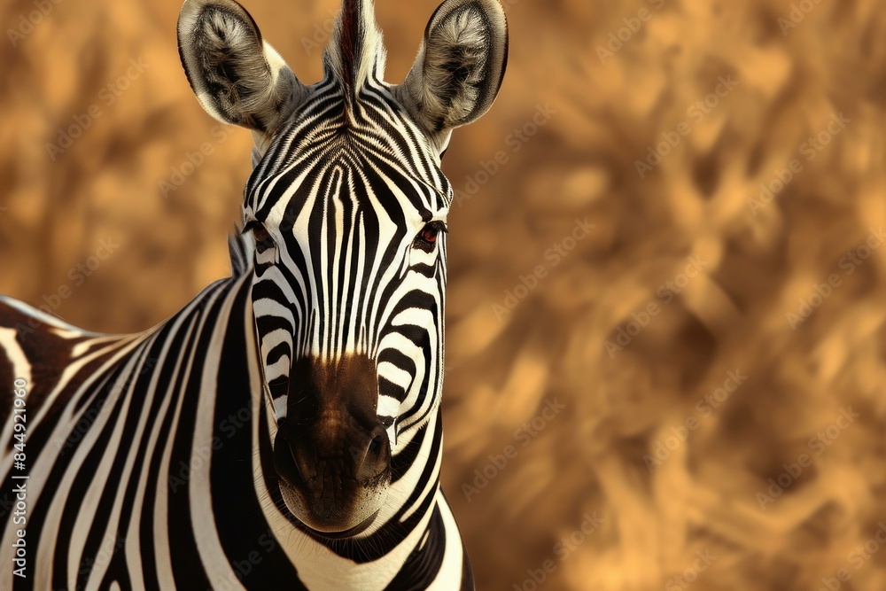 Naklejka premium Close-up of a zebra's head with striking patterns against a warm, blurred savannah backdrop