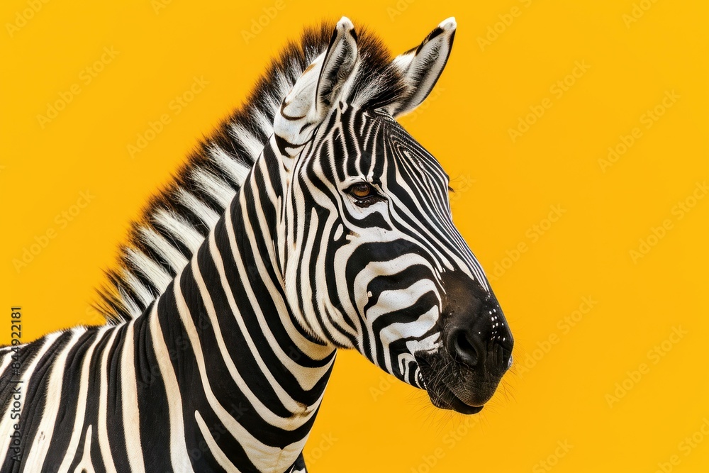 Close-up of a zebra head against a stark yellow backdrop, showcasing its striking striped pattern Close-up of a zebra head against a stark yellow backdrop, showcasing its striking striped pattern