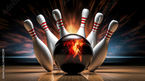Vibrant and dynamic depiction of a bowling ball hitting the pins in a neon-lit alley, emphasizing the fun and competitive nature of bowling.
