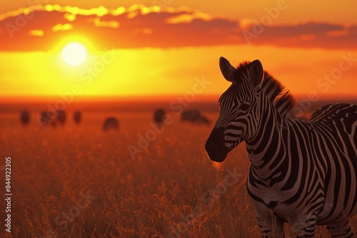 Serene zebra stands in the savannah against a vibrant sunset backdrop