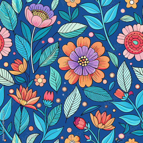 Colorful Hand-Drawn Floral Pattern with Vibrant Flowers and Leaves on Blue Background