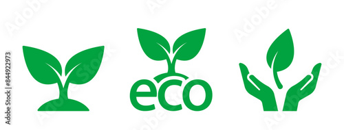 Set Of Green Ecology Icons Featuring Leaves And Hands Symbolizing Growth, Nature, And Environmental Care