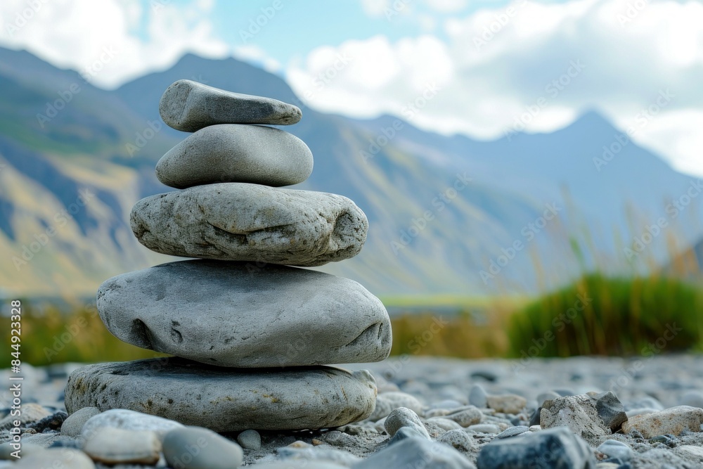 Tower of smooth, balanced stones in a tranquil mountain setting, symbolizing peace and harmony Tower of smooth, balanced stones in a tranquil mountain setting, symbolizing peace and harmony