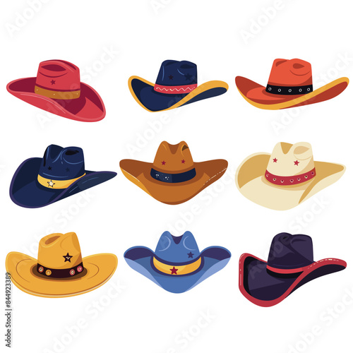 Collection diverse cowboy hats vector illustration isolated white background. Colorful western hats design variety, fashion accessories cowboy costume. Cartoon style hats, different shapes