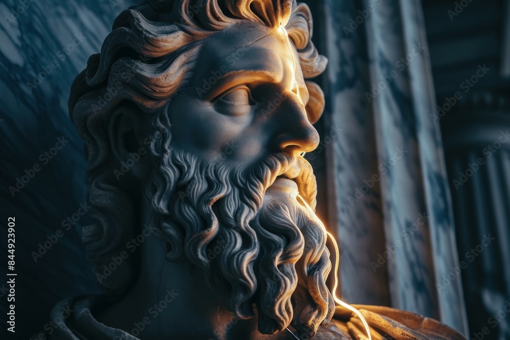 Classical marble sculpture of a greek deity with dramatic side lighting ...