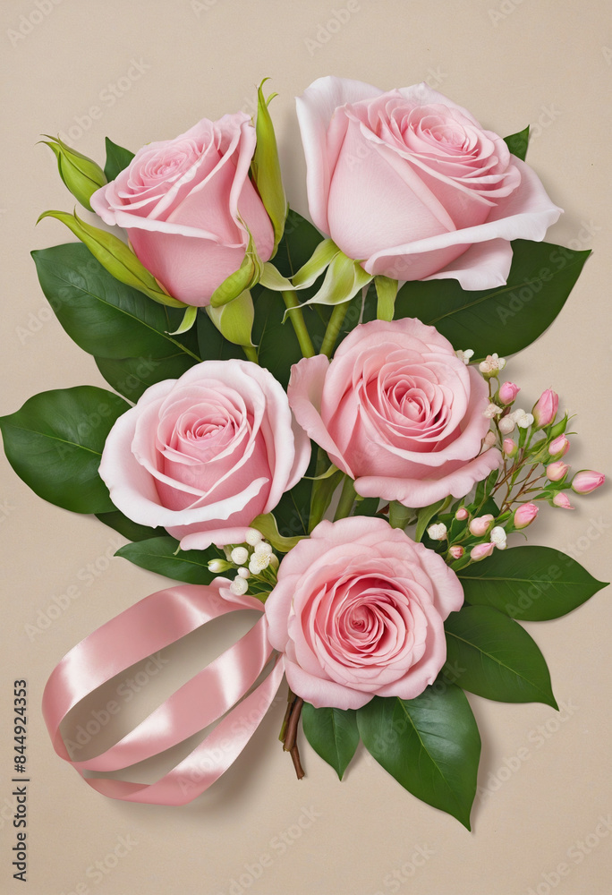Fototapeta premium Beautiful clip art of a pink rose and alstroemeria flower bouquet in a brown craft paper cornet with silk ribbon, isolated on a white background