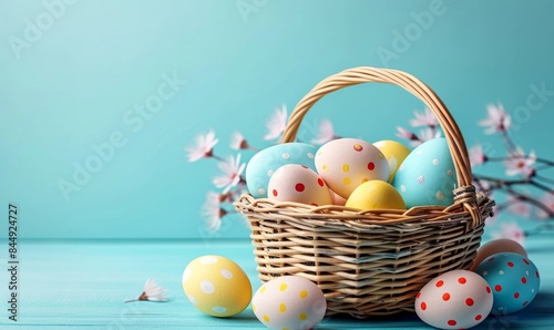 Easter holiday celebration banner greeting card with pastel painted eggs in bird nest on bright blue backround tabel texture. Top view, flat lay with copy, Generative AI