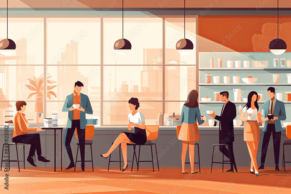 Modern Office Breakroom With City View And Coworkers Enjoying Coffee Modern Office Breakroom With City View And Coworkers Enjoying Coffee