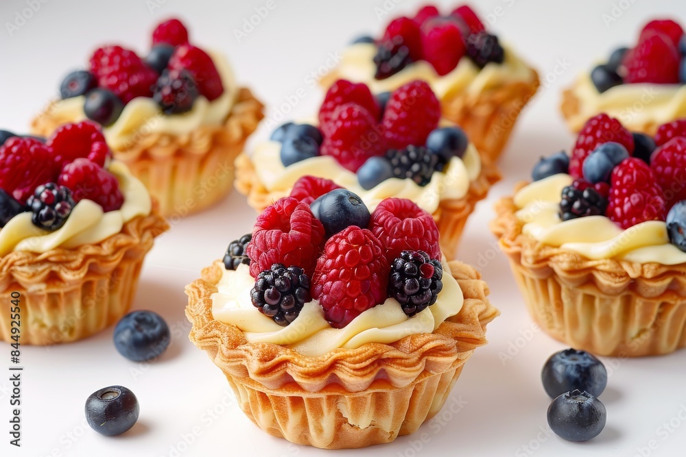Mini fruit tarts topped with assorted fresh berries, set on a white background, capturing a vibrant and refreshing dessert Mini fruit tarts topped with assorted fresh berries, set on a white background, capturing a vibrant and refreshing dessert