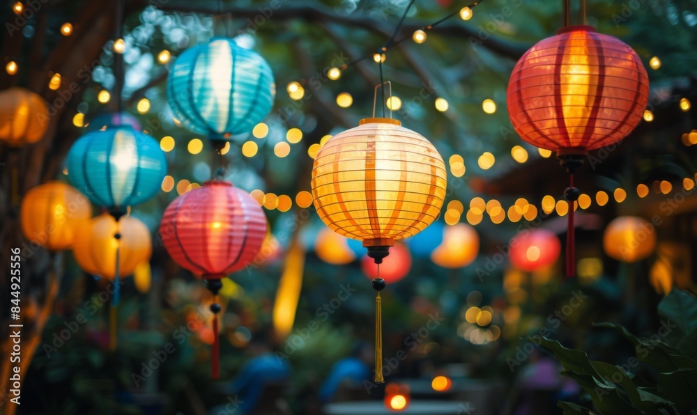 Obraz premium Colorful lanterns hanging above a garden party