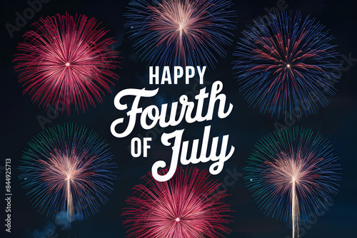 Happy 4th of July Typography with Fireworks in Night Sky
