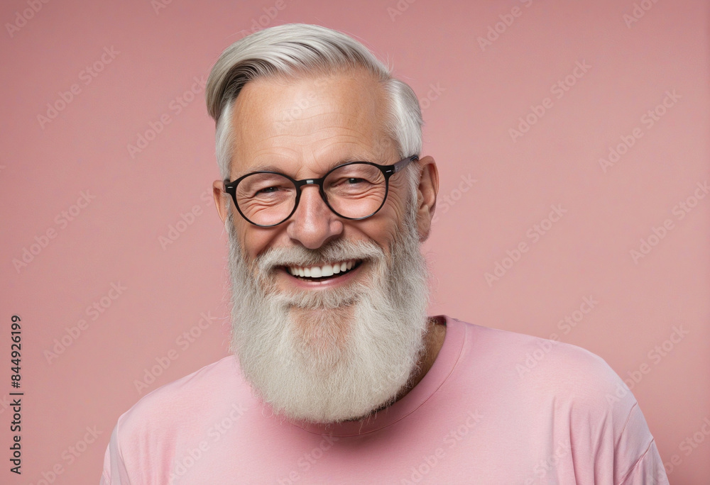 Fototapeta premium Fashionable elderly man with a stylish beard and a cheerful smile on a pastel background