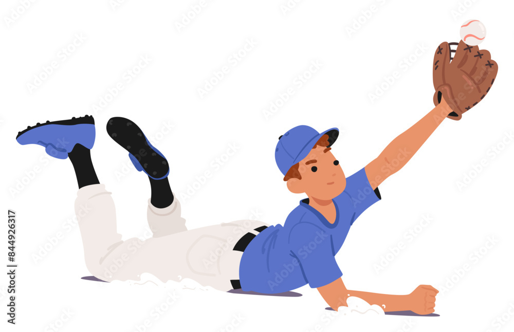 Young Cartoon Baseball Player Making A Dramatic Catch While Sliding On The Field. Fielder Player Character Is Focused Young Cartoon Baseball Player Making A Dramatic Catch While Sliding On The Field. Fielder Player Character Is Focused