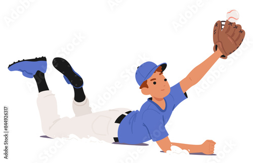 Young Cartoon Baseball Player Making A Dramatic Catch While Sliding On The Field. Fielder Player Character Is Focused
