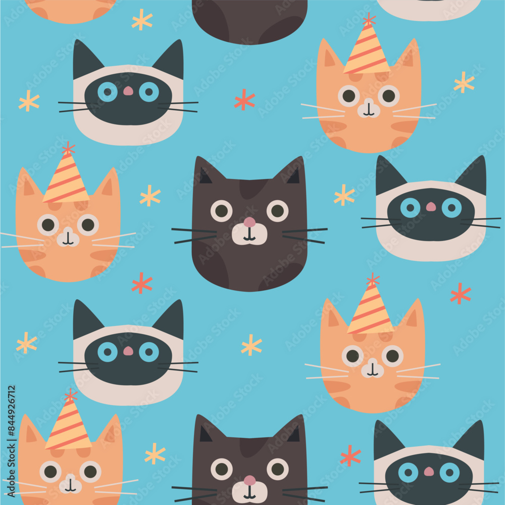Seamless pattern with head of cats on blue background. Seamless pattern with head of cats on blue background.