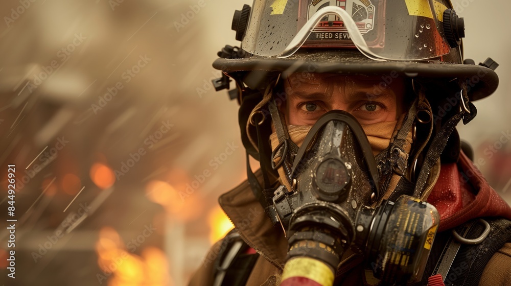 A close-up portrait of a firefighter in full gear, holding a fire hose A close-up portrait of a firefighter in full gear, holding a fire hose
