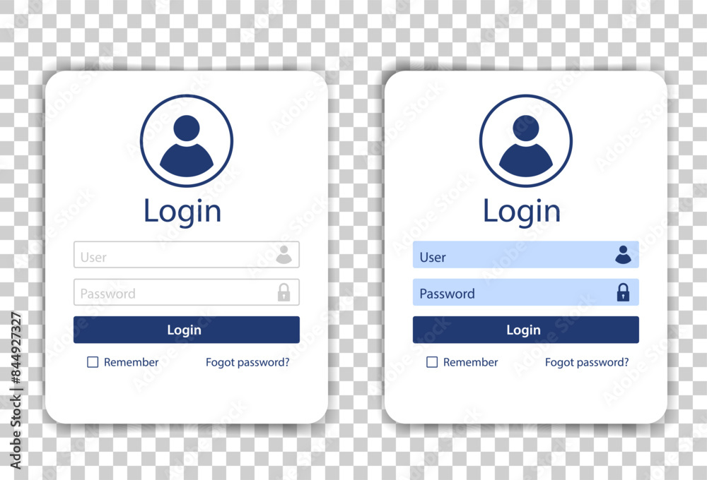 Login page form. Vector business template for web interface. Fields for name and password. Mobile user-friendly design elements. Mobile app login window with shadow on transparent background.